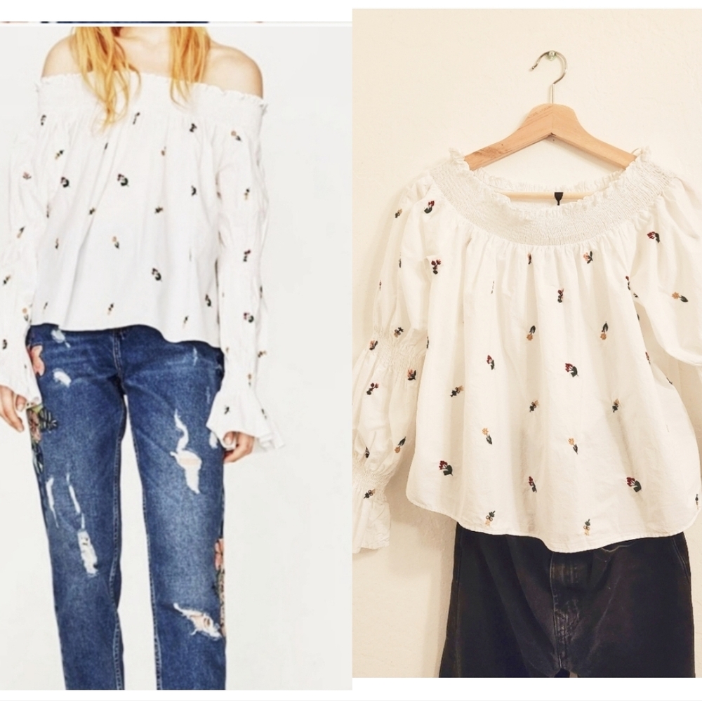 Zara White Floral Off Shoulder Blouse